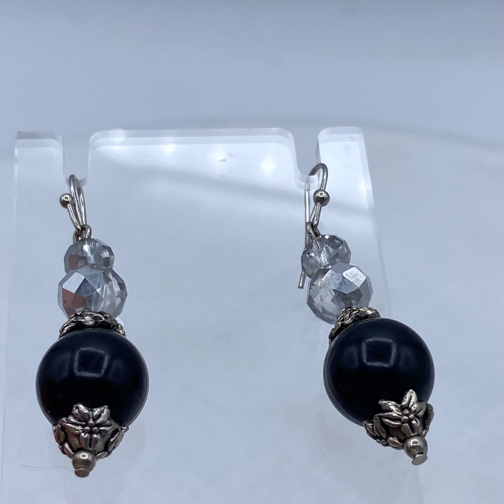 Black Silver Clear Glass Bead Drop Earrings Victorian Gothic Witchy Steampunk
